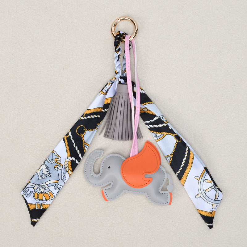 Elephant Charm Scarf Tassel Bag Keychain - Grey