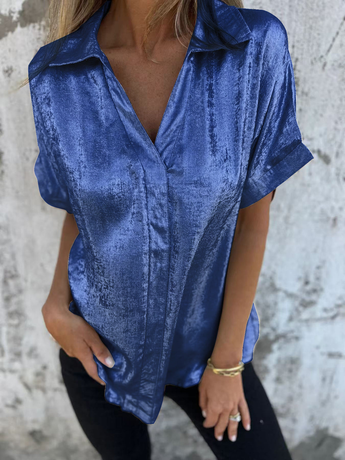 Shimmer Satin Collared Drop Shoulder Blouse - Blue