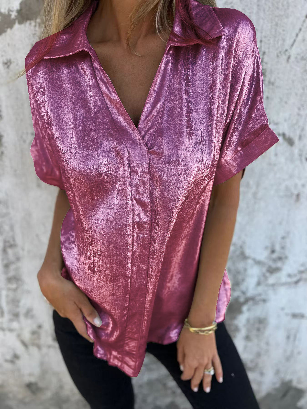 Shimmer Satin Collared Drop Shoulder Blouse - Mauve