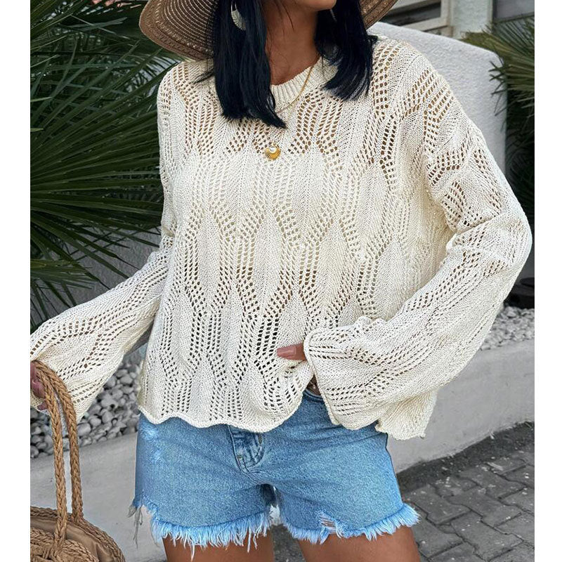 Pointelle Knit Split Hem Beach Cover Up - Beige