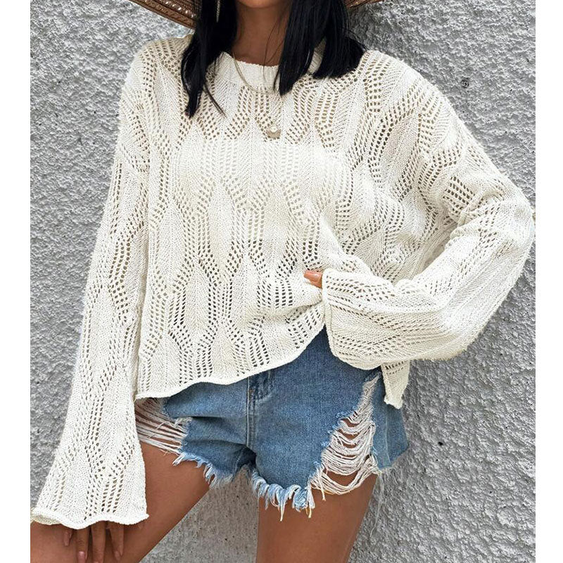 Pointelle Knit Split Hem Beach Cover Up - Beige - 1