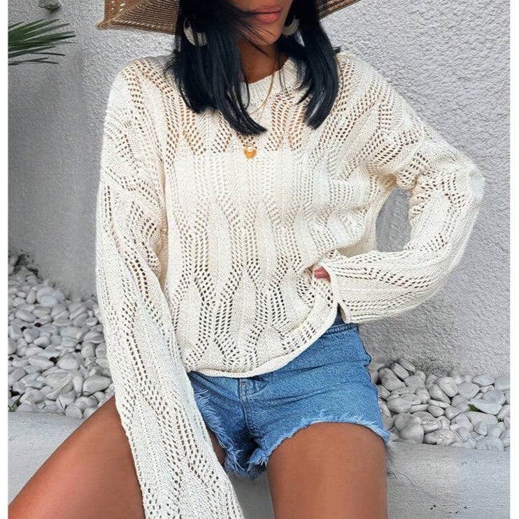 Pointelle Knit Split Hem Beach Cover Up - Beige - 2