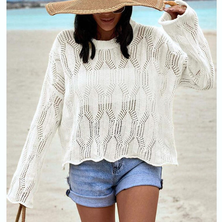 Pointelle Knit Split Hem Beach Cover Up - Beige - 3