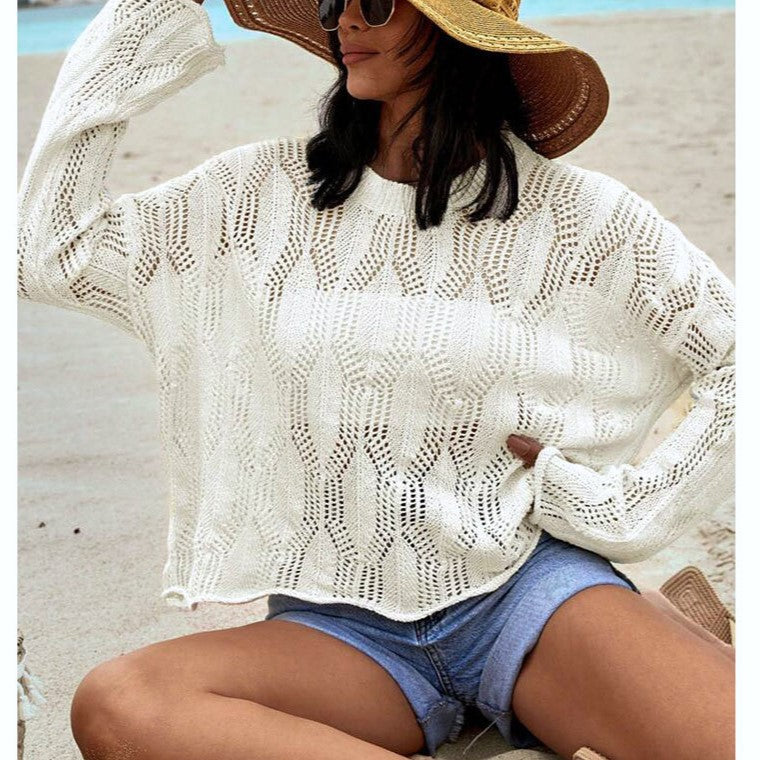 Pointelle Knit Split Hem Beach Cover Up - Beige - 4