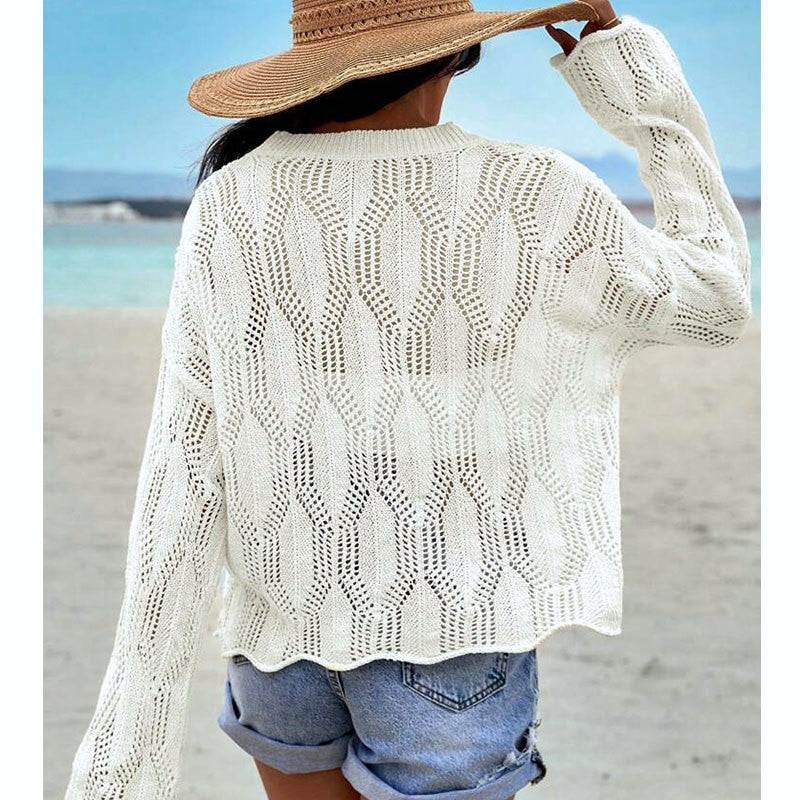 Pointelle Knit Split Hem Beach Cover Up - Beige - 5