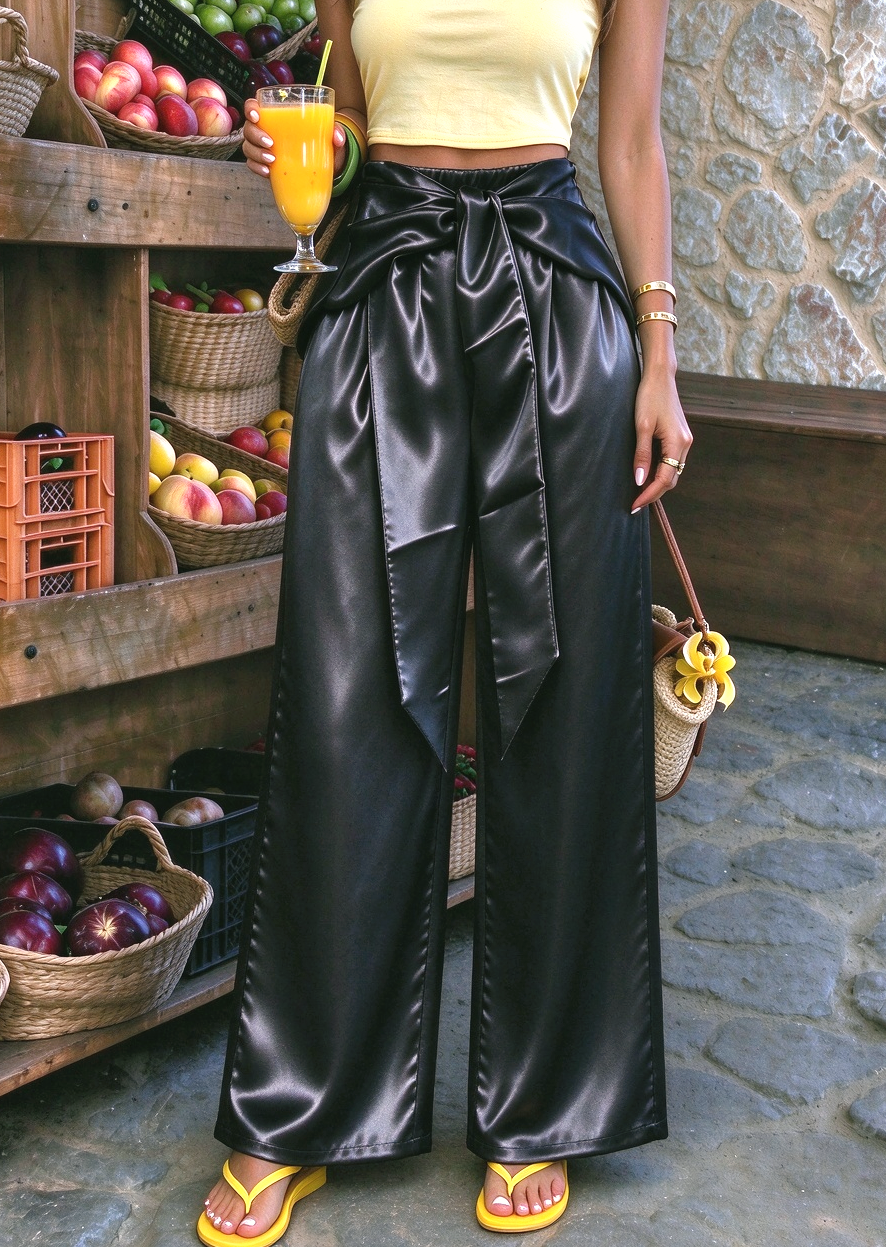 Satin Front Tie Bow High Waist Wide Leg Pants - Black