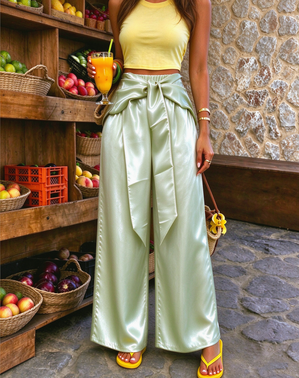 Satin Front Tie Bow High Waist Wide Leg Pants - Grass