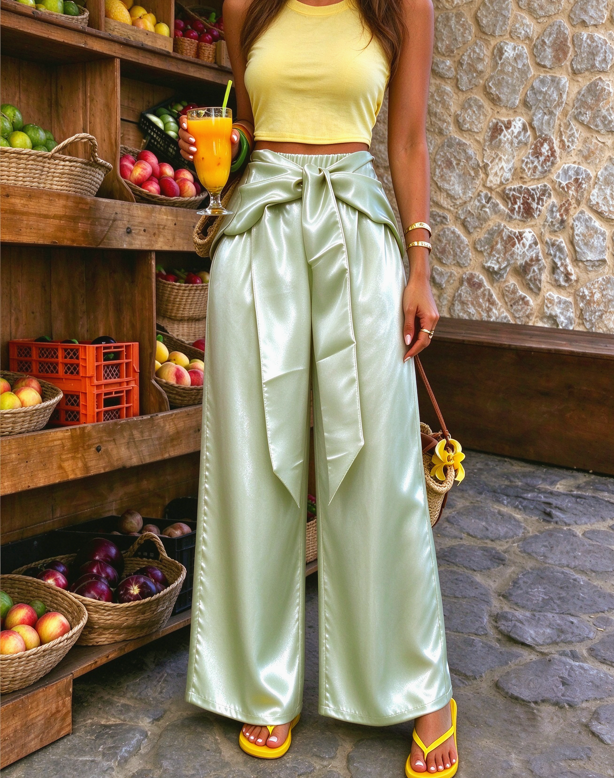 Satin Front Tie Bow High Waist Wide Leg Pants - Grass