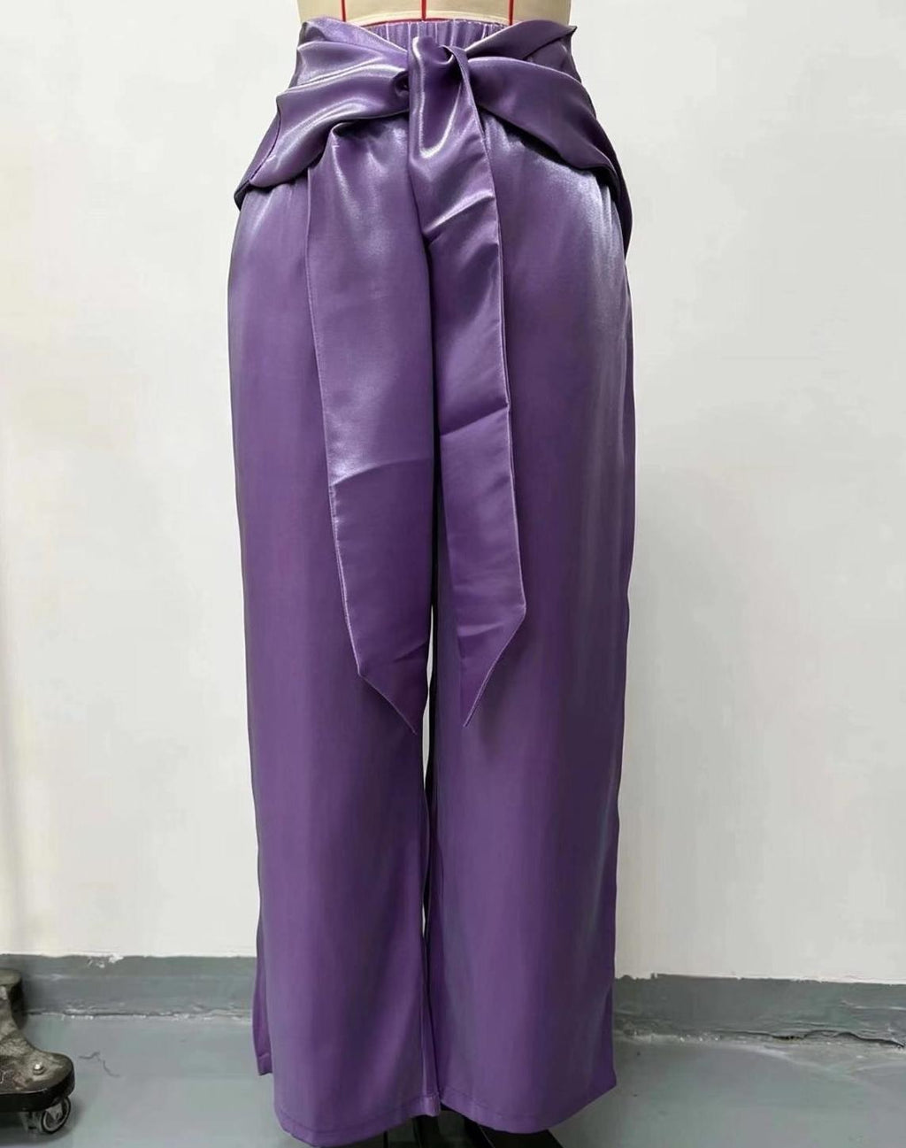 Satin Front Tie Bow High Waist Wide Leg Pants - Purple