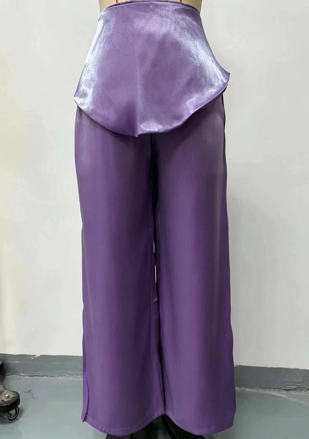 Satin Front Tie Bow High Waist Wide Leg Pants - Purple - 1