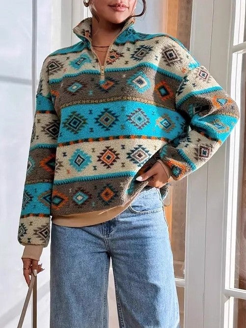 Geometric Sherpa Quarter Zip Pullover - turquoise