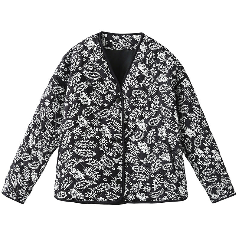 Paisley Quilted Snap Front V Neck Jacket - Black
