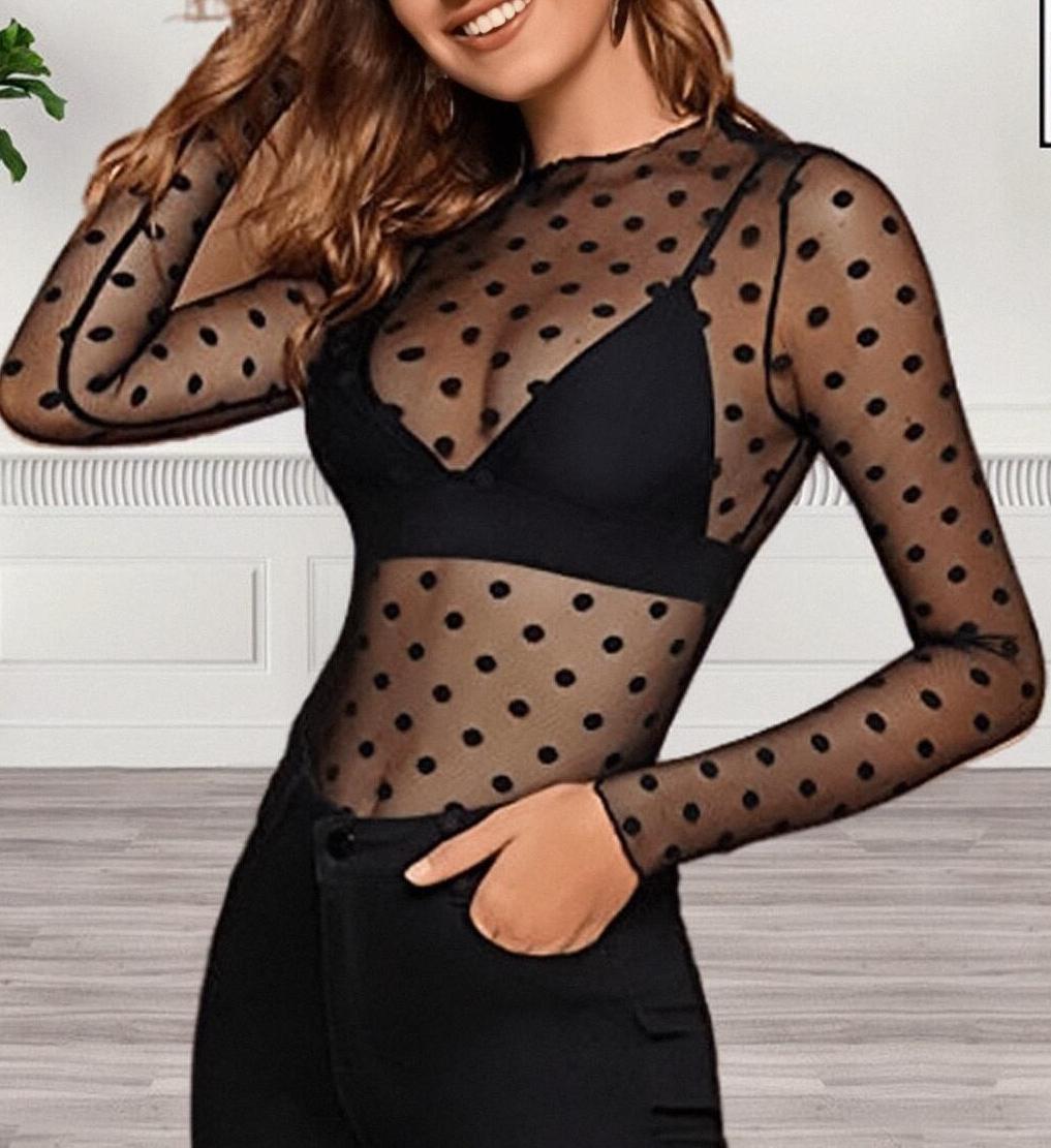 Long Sleeve Sheer Flocked Mesh Layering Top - DBlack - 1