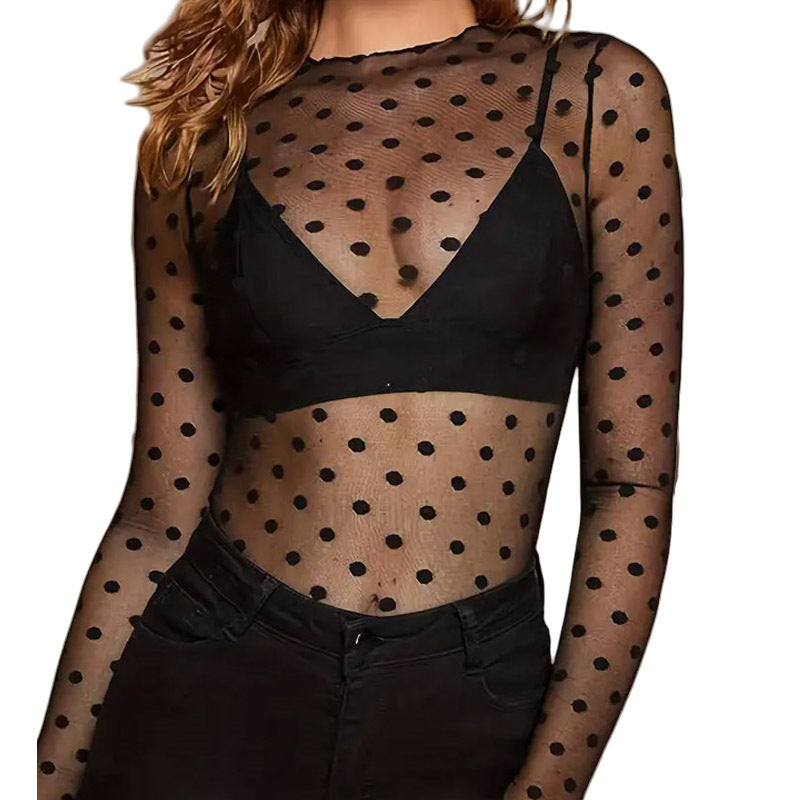 Long Sleeve Sheer Flocked Mesh Layering Top - DBlack - 2