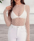 Long Sleeve Sheer Flocked Mesh Layering Top - DWhite