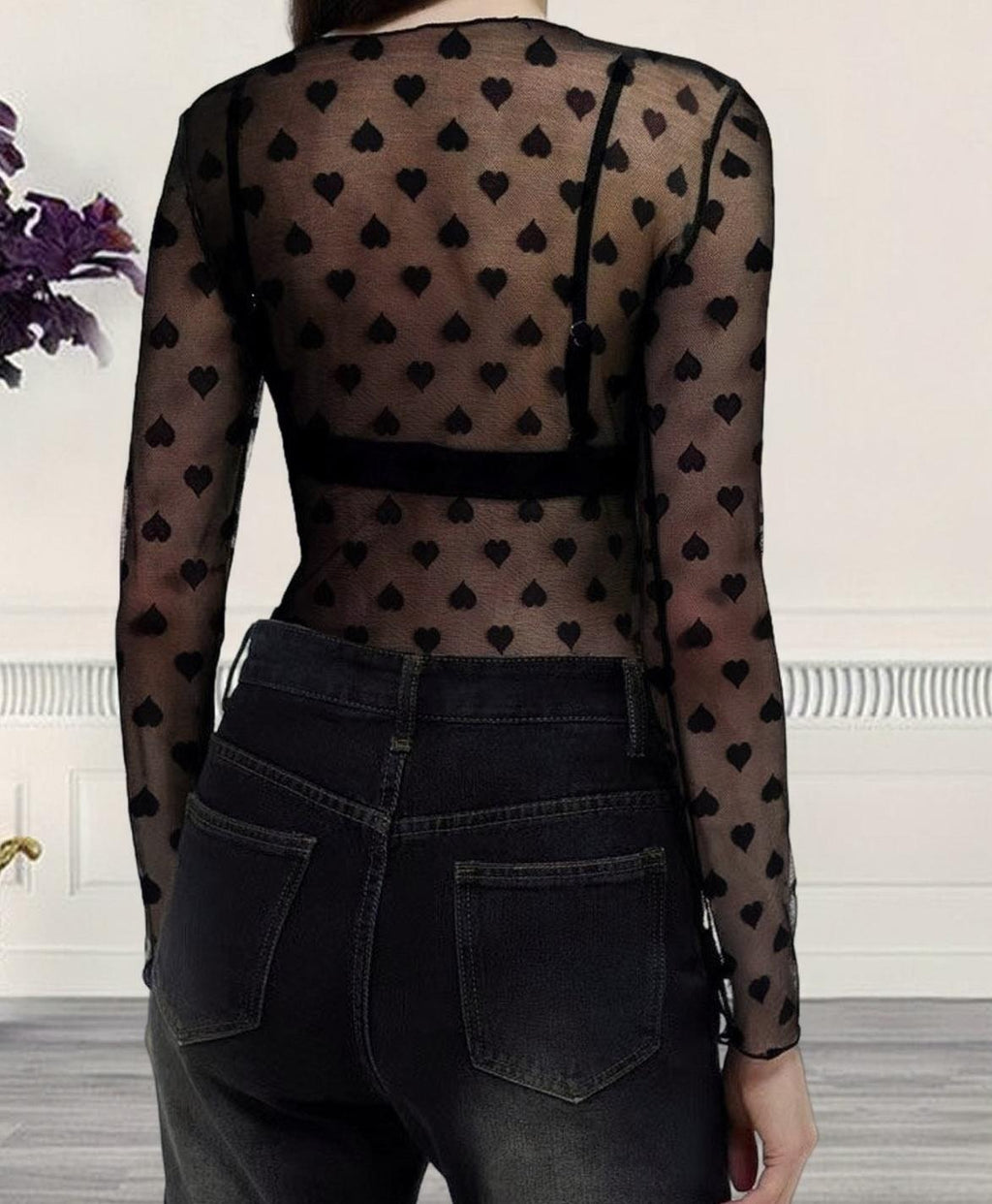 Long Sleeve Sheer Flocked Mesh Layering Top - HBlack - 1
