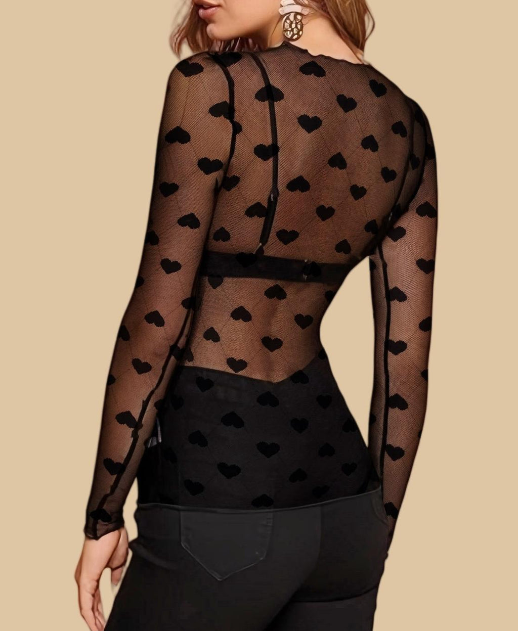 Long Sleeve Sheer Flocked Mesh Layering Top - Love - 3