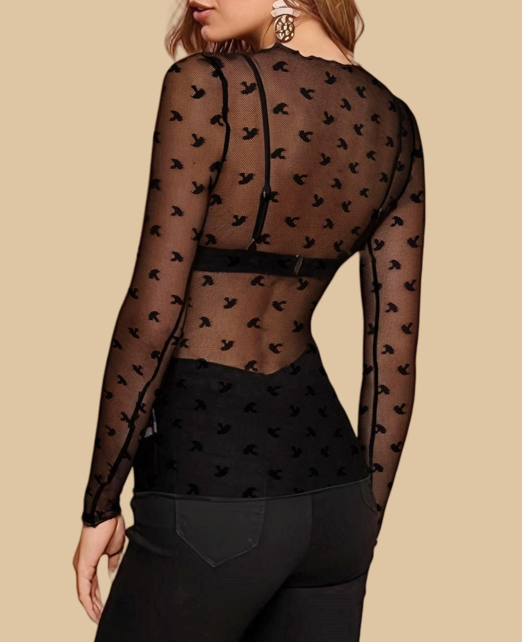Long Sleeve Sheer Flocked Mesh Layering Top - MBlack - 1