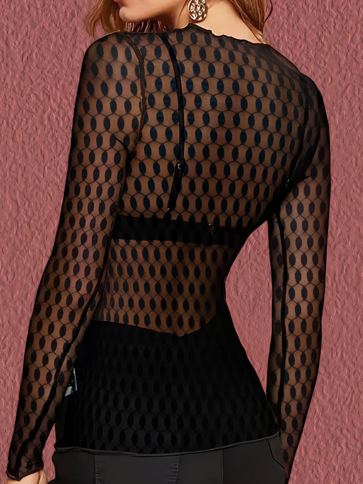 Long Sleeve Sheer Flocked Mesh Layering Top - OBlack - 1