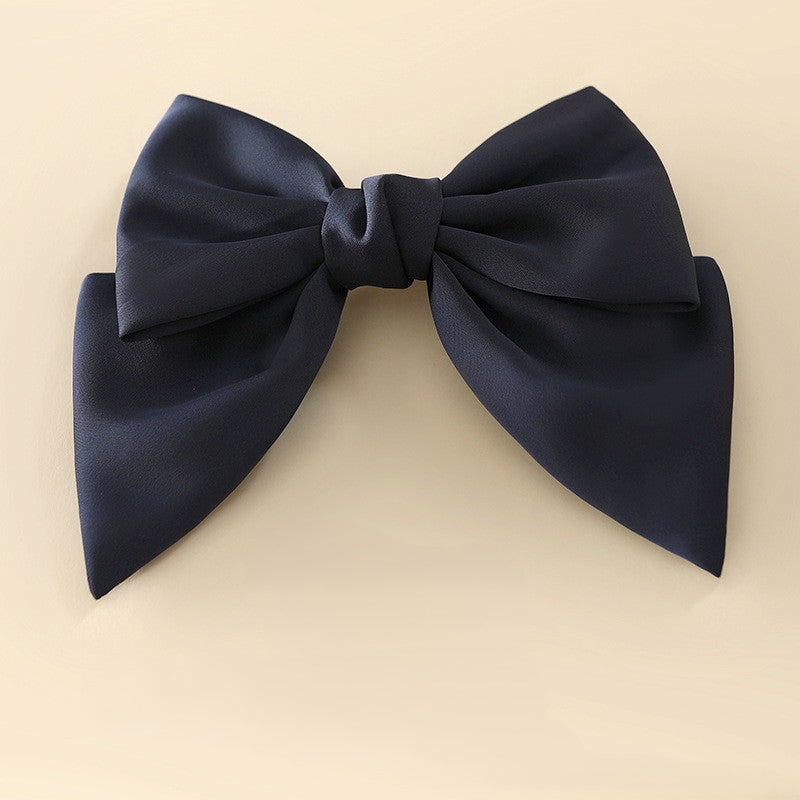 Tailored Satin Bow Hair Barrette - NavyBlue