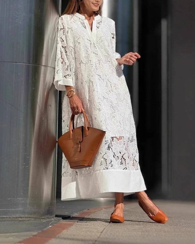 Sheer Lace Button Front Maxi Shirt Dress - White