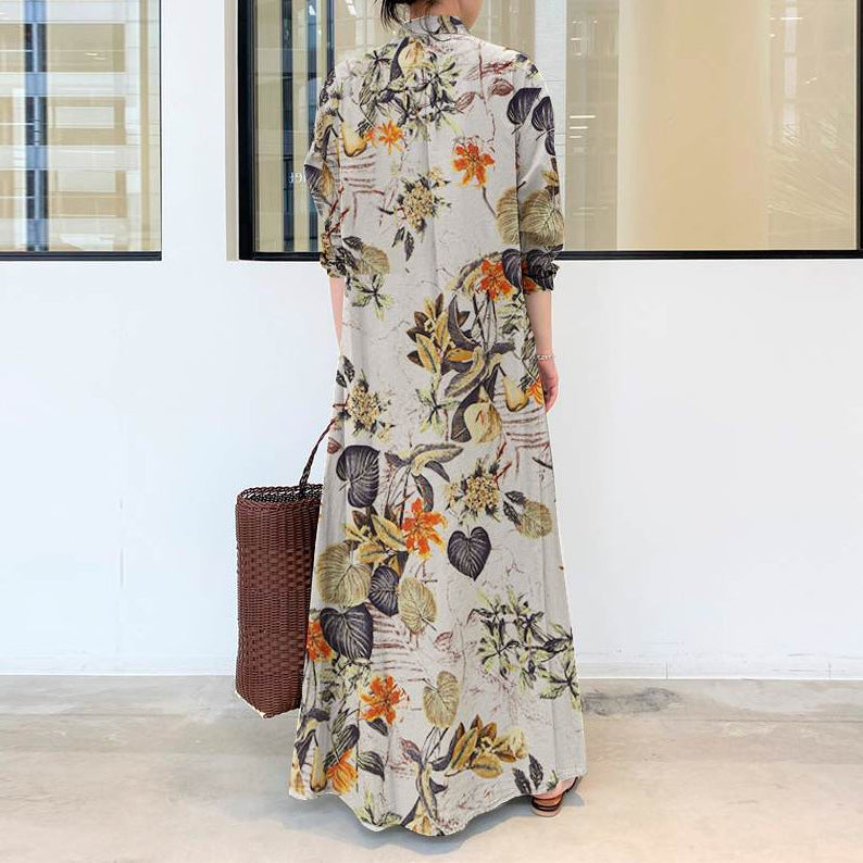Tropical Floral Button Down Maxi Shirt Dress - Beige - 1