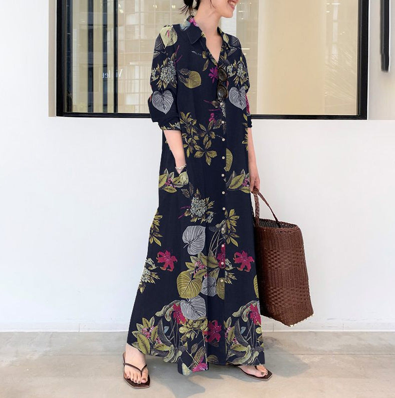 Tropical Floral Button Down Maxi Shirt Dress - black
