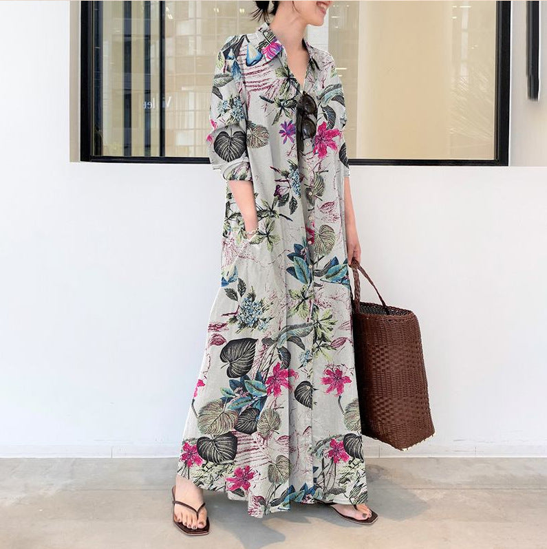 Tropical Floral Button Down Maxi Shirt Dress - white