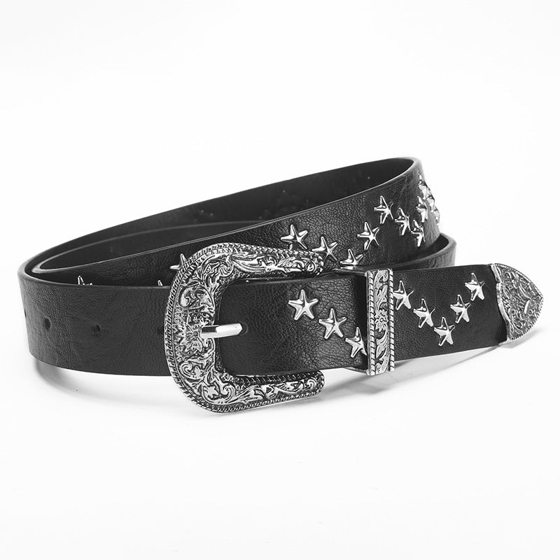 Western Star Studded Faux Leather Belt - Black