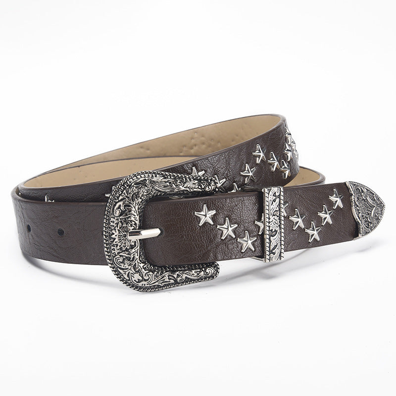 Western Star Studded Faux Leather Belt - Coffee