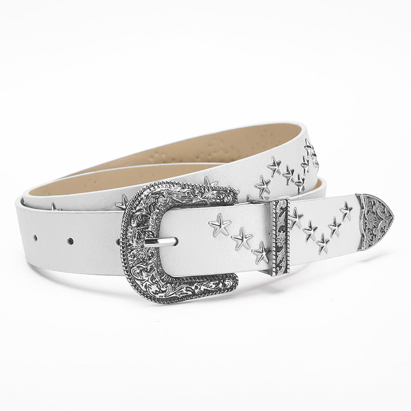 Western Star Studded Faux Leather Belt - White