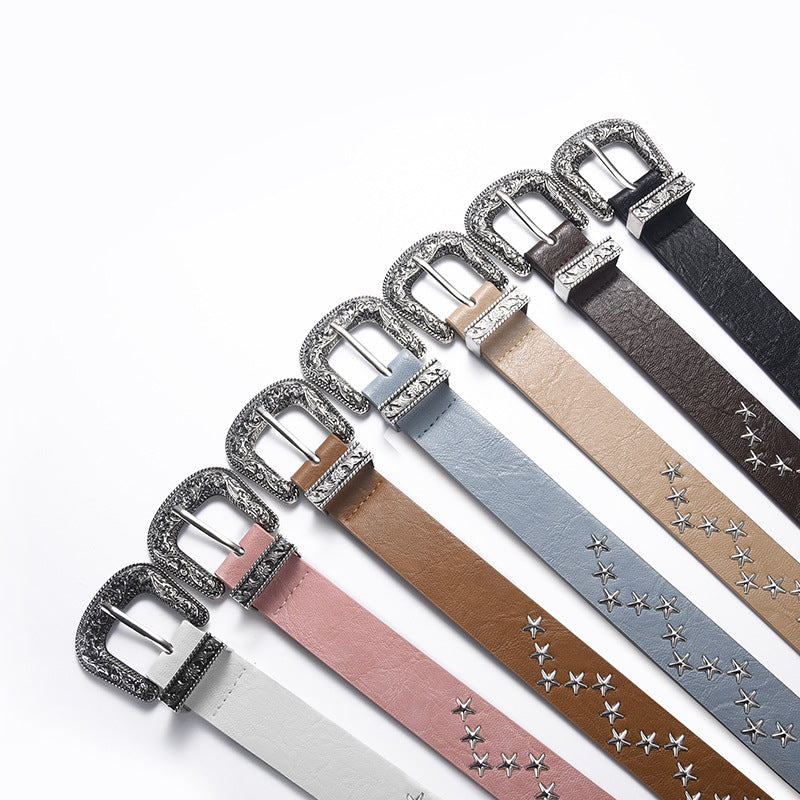 Western Star Studded Faux Leather Belt - White - 1