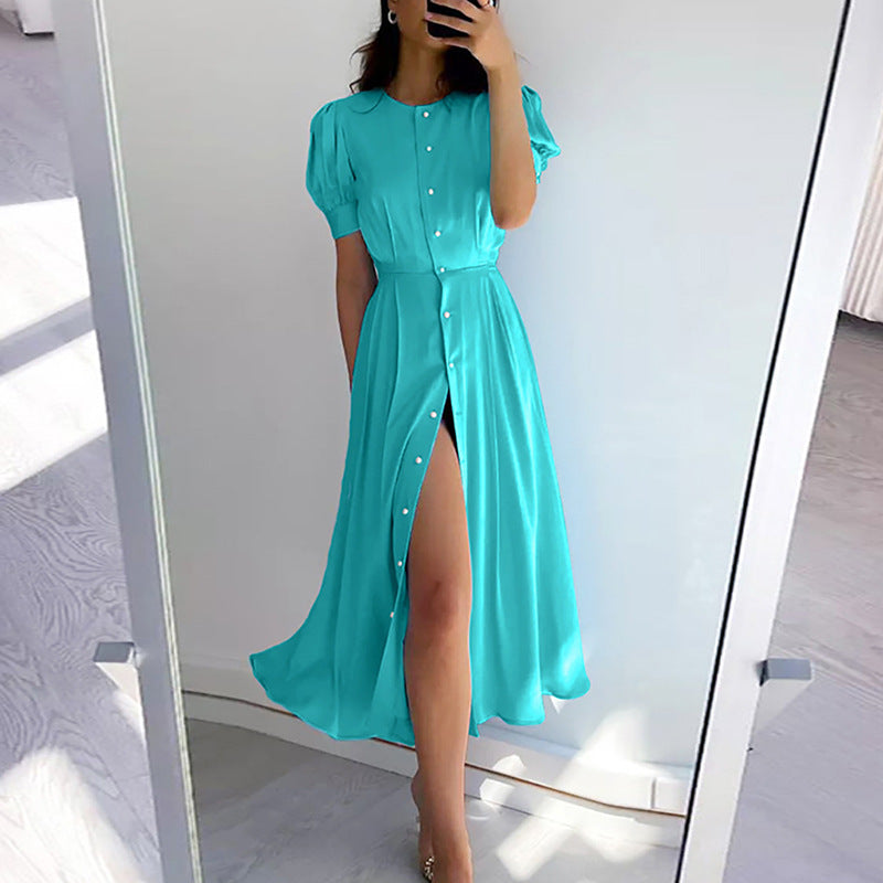 Puff Sleeve Button Down Maxi Dress - Blue
