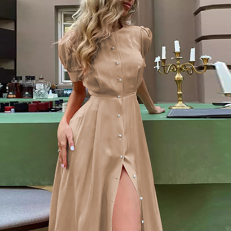 Puff Sleeve Button Down Maxi Dress - Khaki
