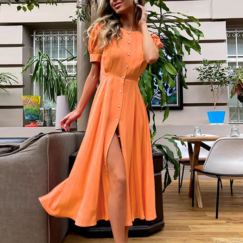 Puff Sleeve Button Down Maxi Dress - Orange