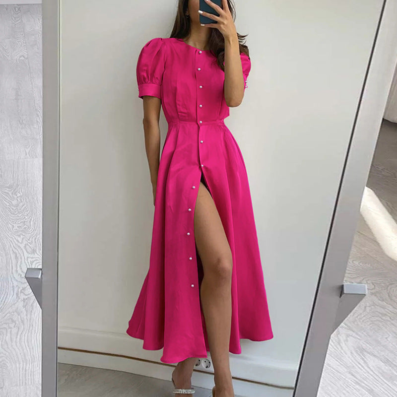 Puff Sleeve Button Down Maxi Dress - Rosered