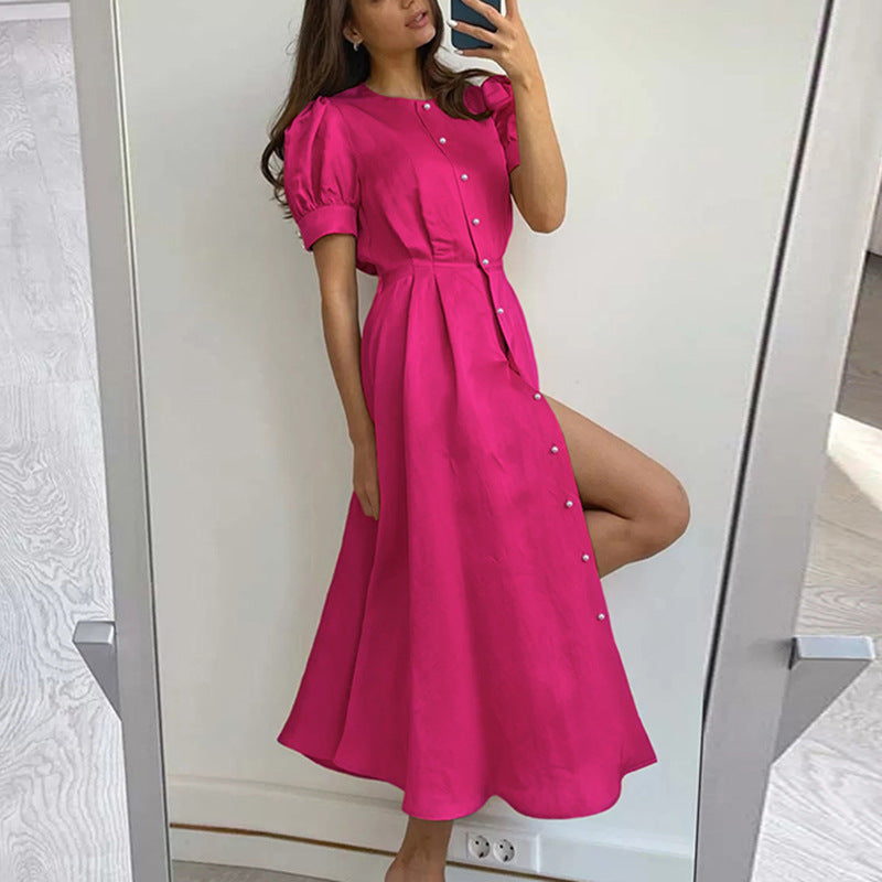Puff Sleeve Button Down Maxi Dress - Rosered - 1