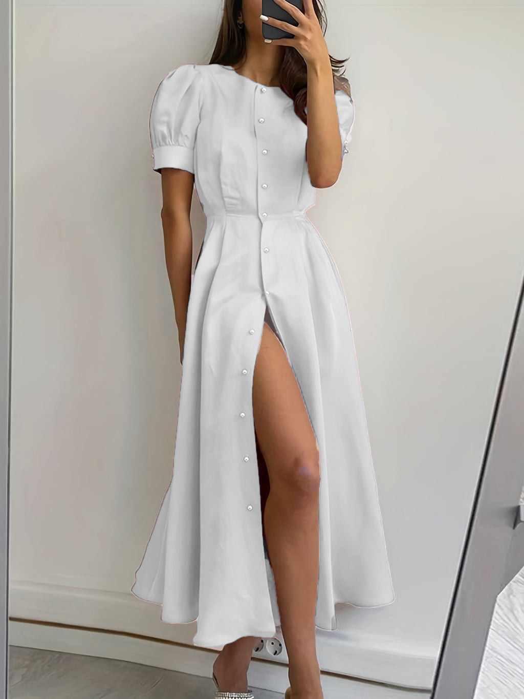Puff Sleeve Button Down Maxi Dress - White - 4