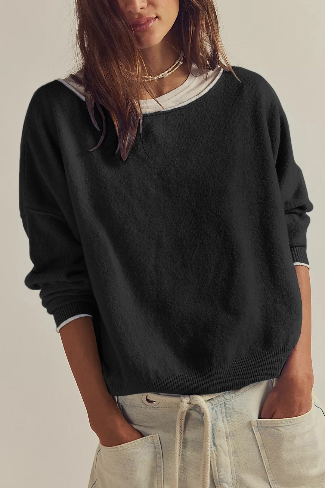 Boat Neck Exposed Seam Relaxed Sweater - Black