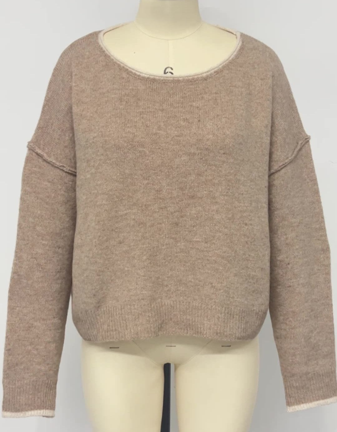 Boat Neck Exposed Seam Relaxed Sweater - Khaki