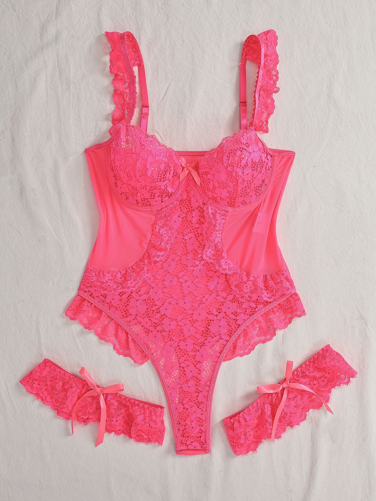 Floral Lace Underwire Ruffle Teddy With Leg Garters - Hot Pink