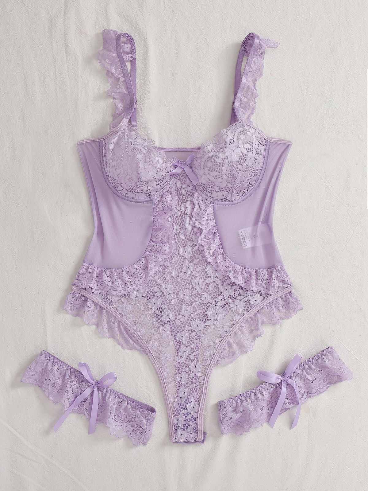 Floral Lace Underwire Ruffle Teddy With Leg Garters - Lavender