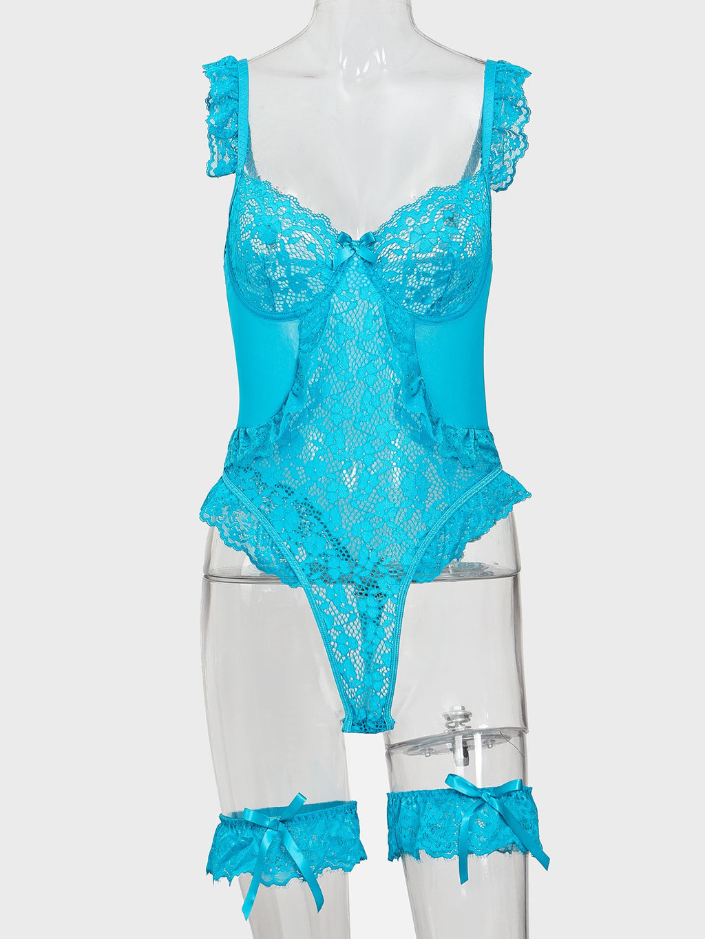 Floral Lace Underwire Ruffle Teddy With Leg Garters - Turquoise