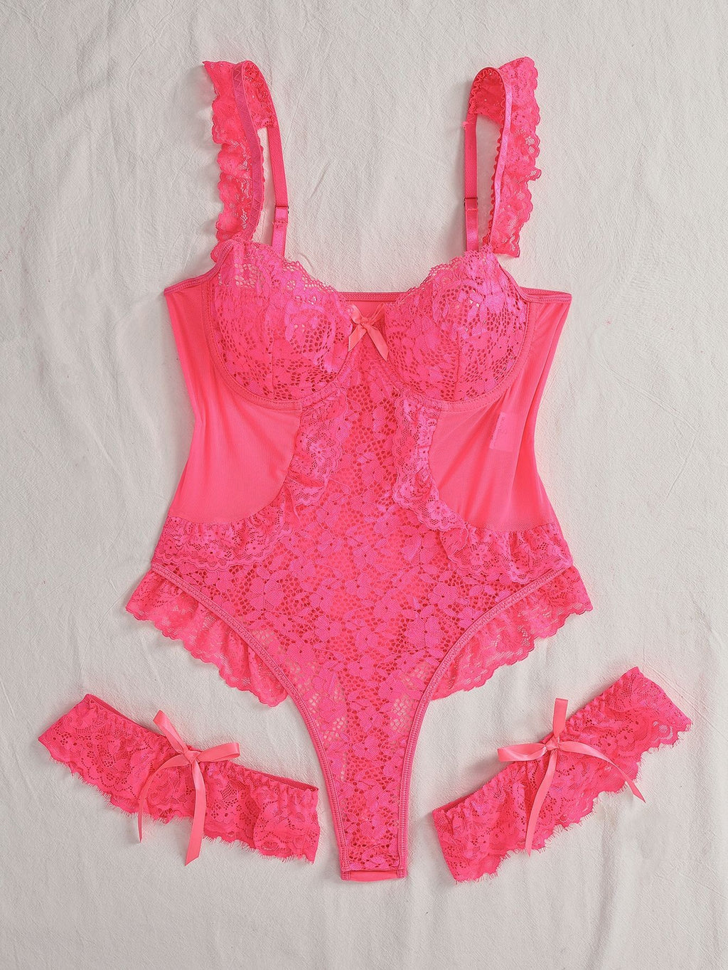 Floral Lace Underwire Ruffle Teddy With Leg Garters