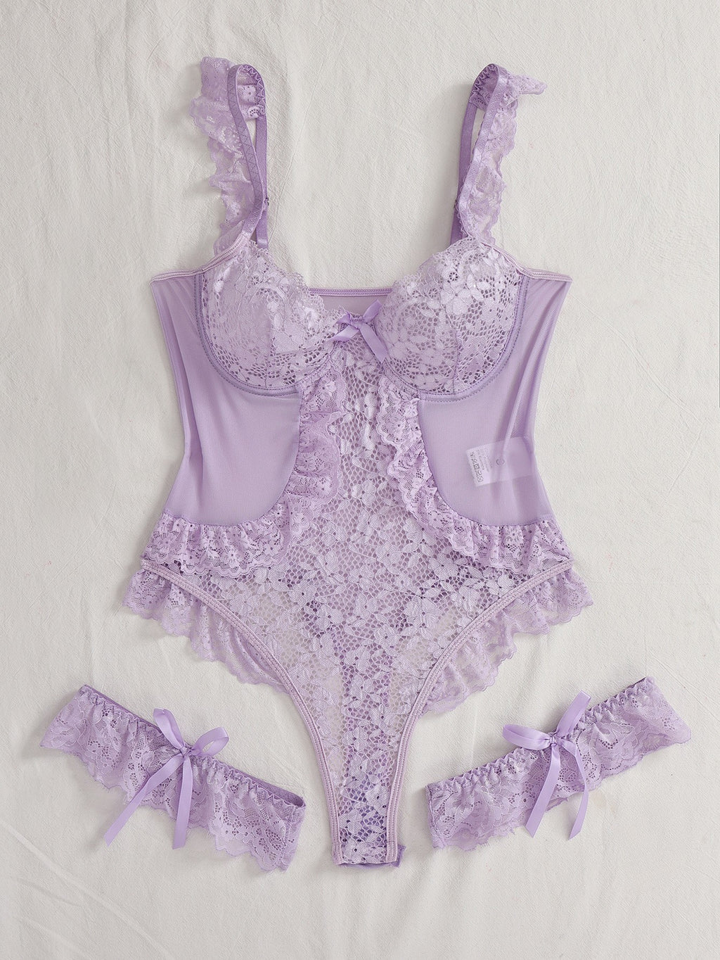 Floral Lace Underwire Ruffle Teddy With Leg Garters