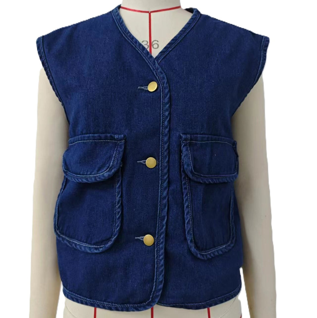Denim Utility Vest With Patch Pockets - Blue - 1