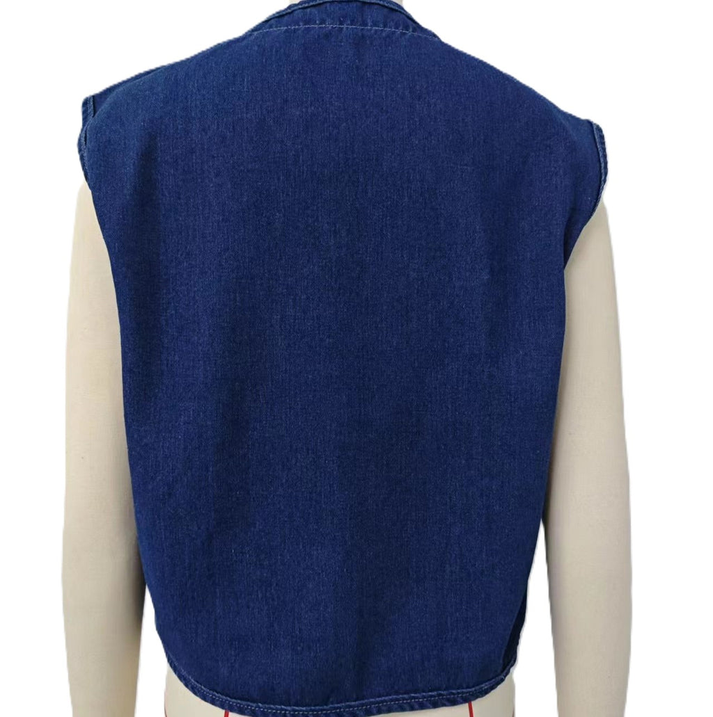 Denim Utility Vest With Patch Pockets - Blue - 5