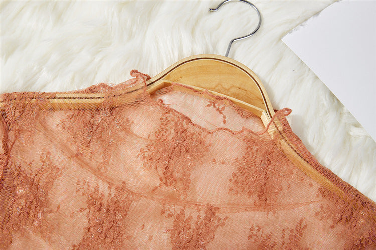 Delicate Floral Lace Mesh Top - Rust - 1