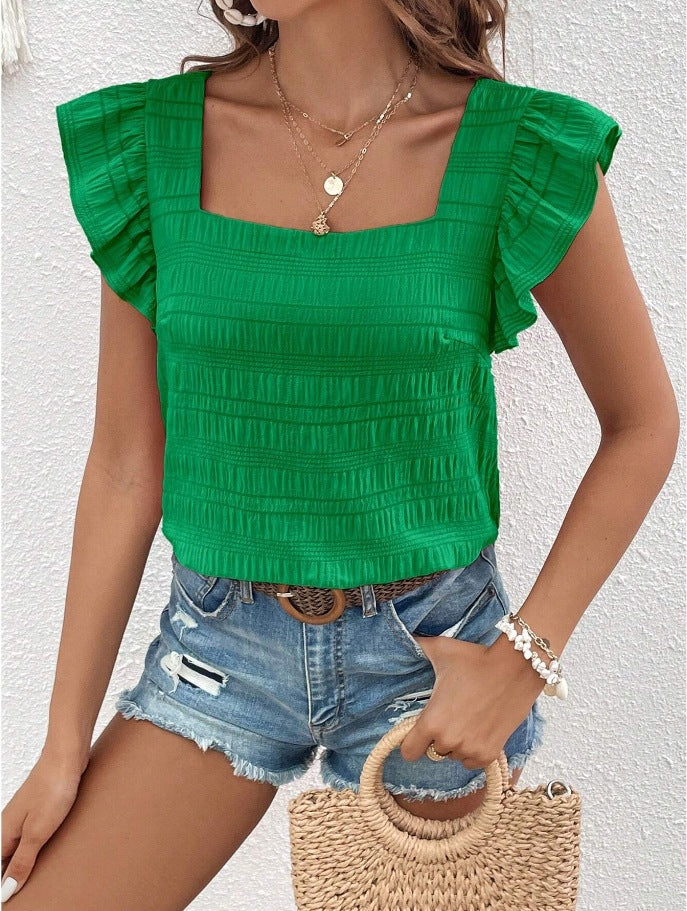 Flutter Sleeve Square Neck Textured Blouse - Green - 1