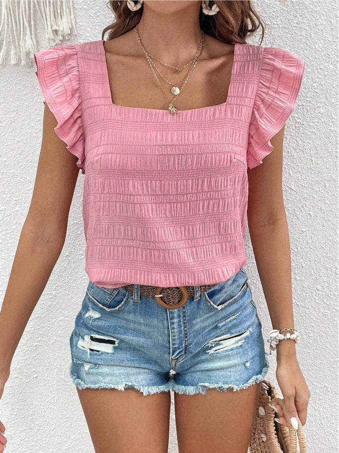 Flutter Sleeve Square Neck Textured Blouse - Pink